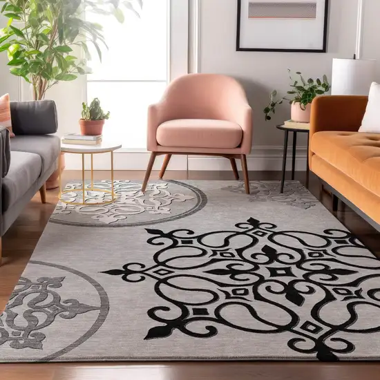 Gray Ivory And Black Floral Medallion Washable Area Rug With UV Protection Photo 4
