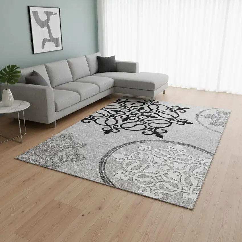 Gray Ivory And Black Floral Medallion Washable Area Rug With UV Protection Photo 2