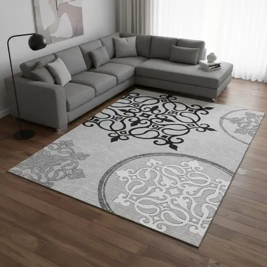 Gray Ivory And Black Floral Medallion Washable Area Rug With UV Protection Photo 2
