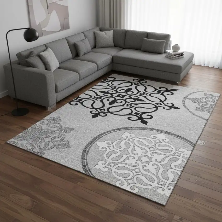 Gray Ivory And Black Floral Medallion Washable Area Rug With UV Protection Photo 2