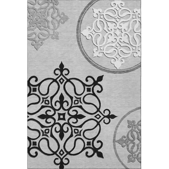 Gray Ivory And Black Floral Medallion Washable Area Rug With UV Protection Photo 4