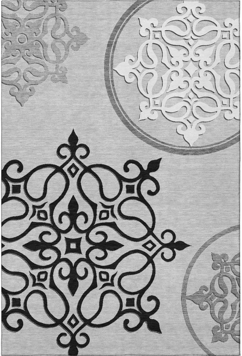 Gray Ivory And Black Floral Medallion Washable Area Rug With UV Protection Photo 4
