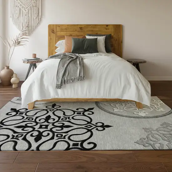 Gray Ivory And Black Floral Medallion Washable Area Rug With UV Protection Photo 6