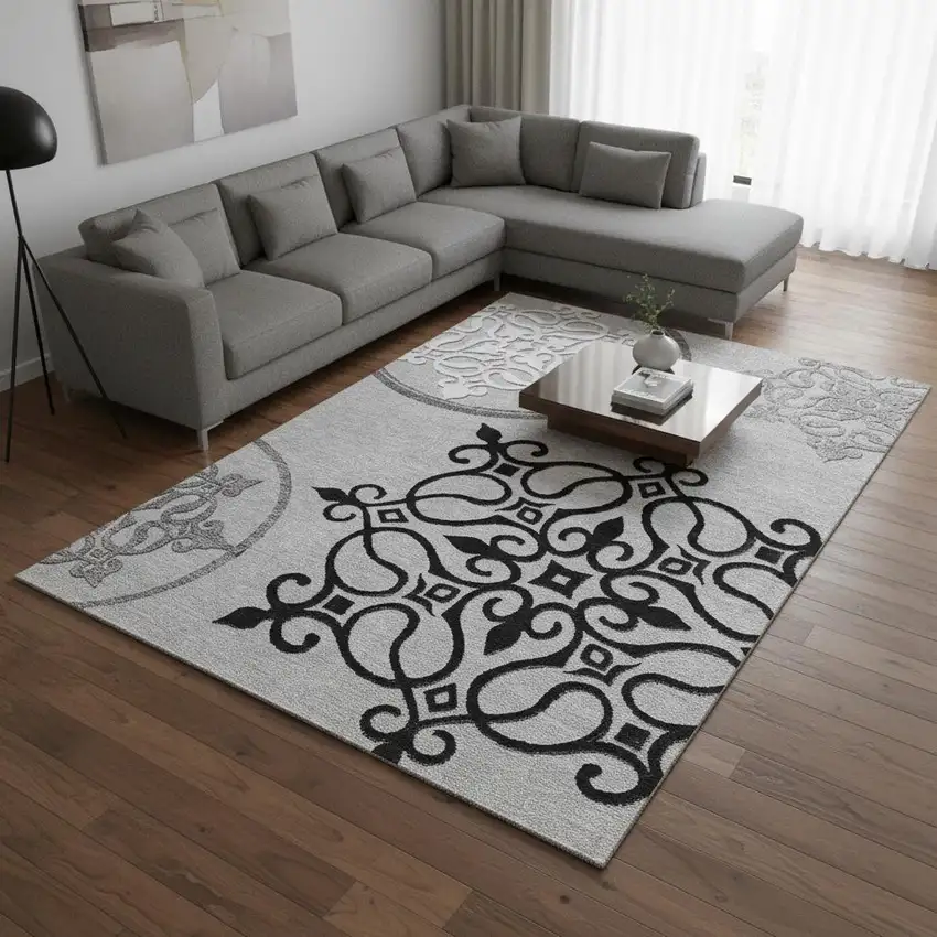 Gray Ivory And Black Floral Medallion Washable Area Rug With UV Protection Photo 2