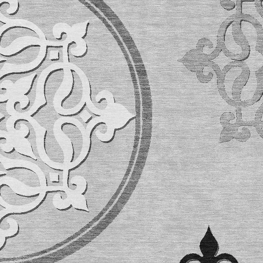 Gray Ivory And Black Floral Medallion Washable Area Rug With UV Protection Photo 3