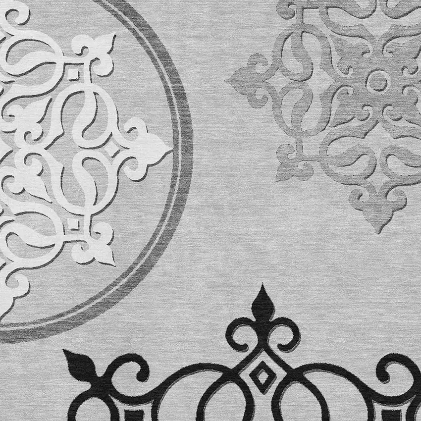 Gray Ivory And Black Floral Medallion Washable Area Rug With UV Protection Photo 4