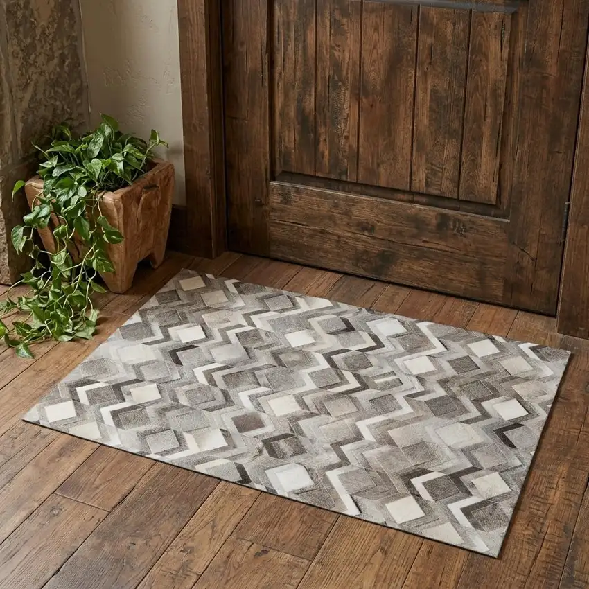 Gray Ivory And Black Geometric Washable Area Rug With UV Protection Photo 1