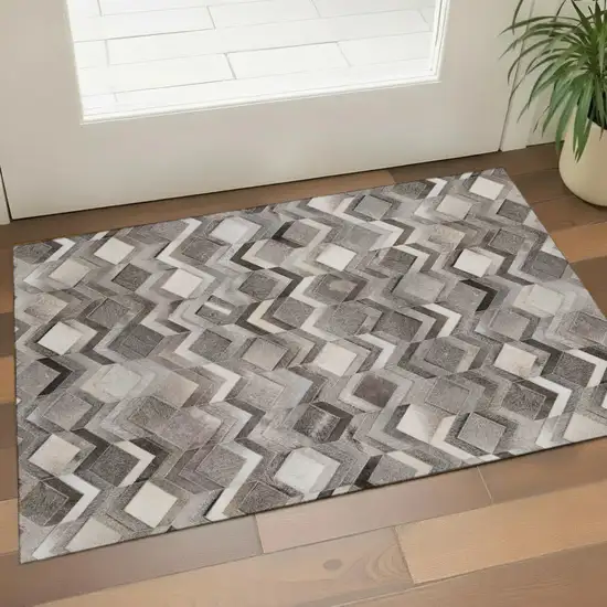 Gray Ivory And Black Geometric Washable Area Rug With UV Protection Photo 1