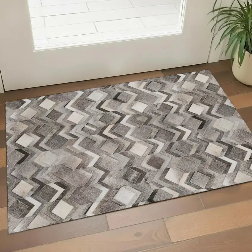 Gray Ivory And Black Geometric Washable Area Rug With UV Protection Photo 1