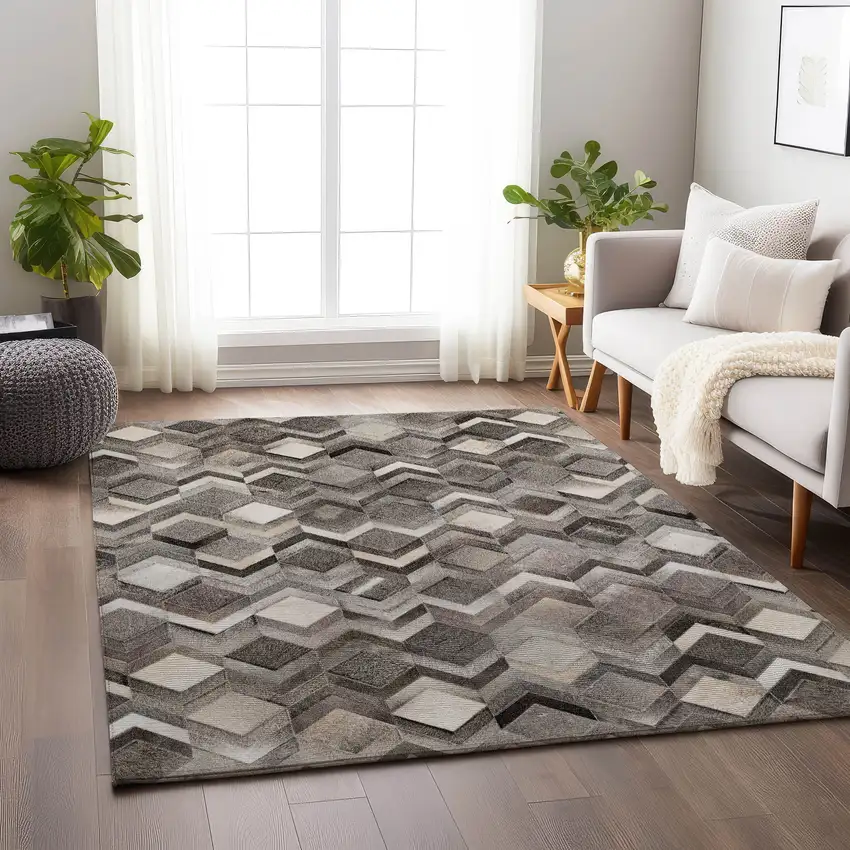 Gray Ivory And Black Geometric Washable Area Rug With UV Protection Photo 6
