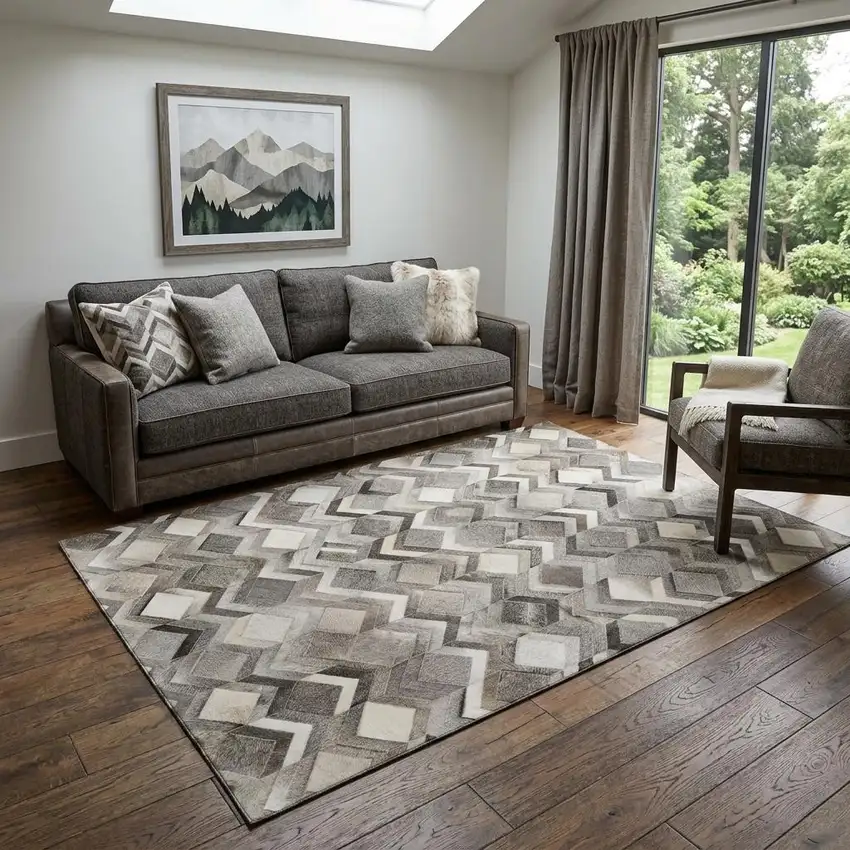 Gray Ivory And Black Geometric Washable Area Rug With UV Protection Photo 1