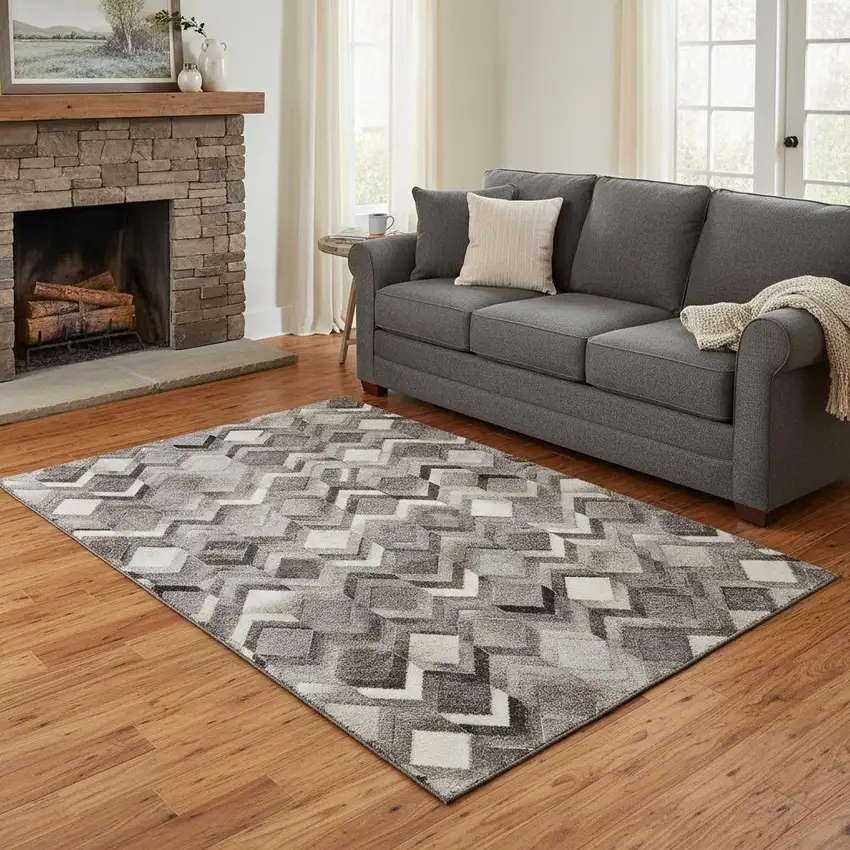 Gray Ivory And Black Geometric Washable Area Rug With UV Protection Photo 1