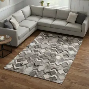 Photo of Gray Ivory And Black Geometric Washable Area Rug With UV Protection