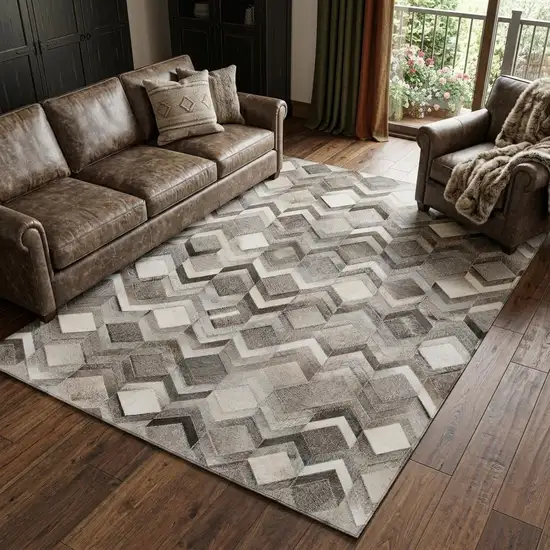 Gray Ivory And Black Geometric Washable Area Rug With UV Protection Photo 1