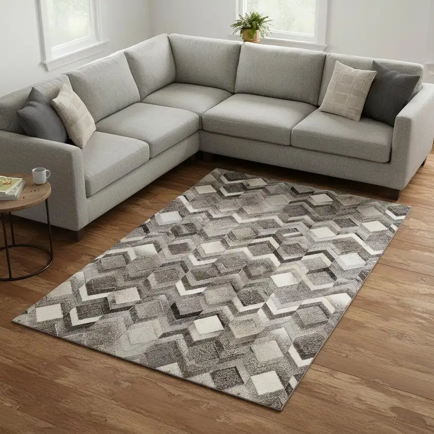 Gray Ivory And Black Geometric Washable Area Rug With UV Protection Photo 1