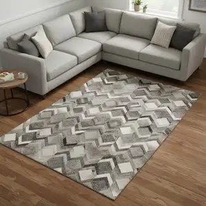 Photo of Gray Ivory And Black Geometric Washable Area Rug With UV Protection