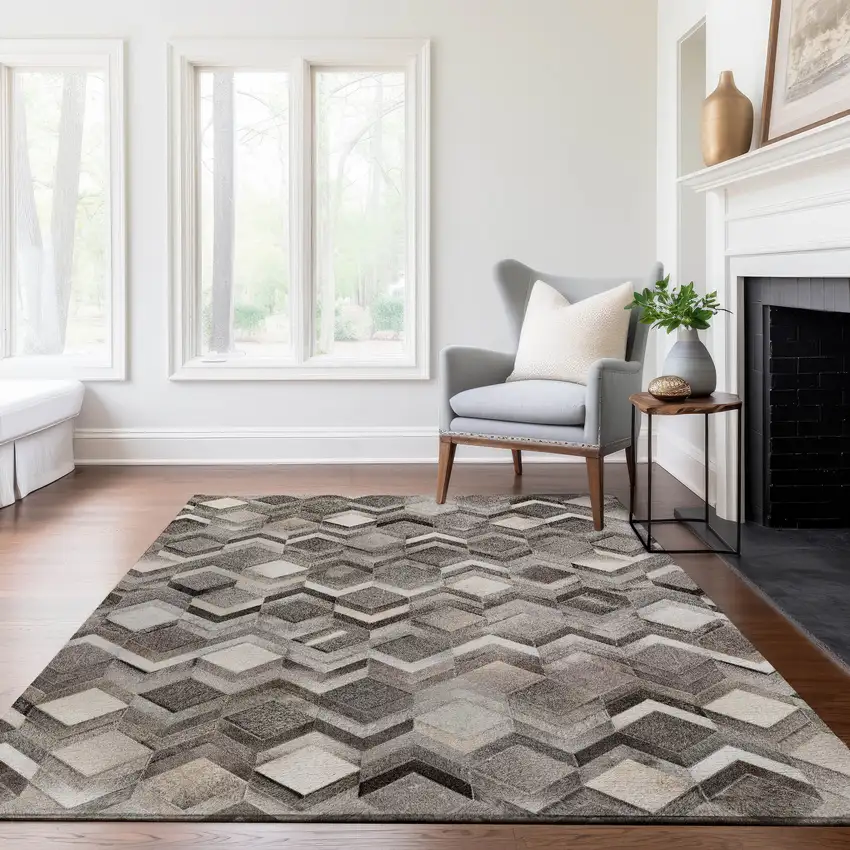 Gray Ivory And Black Geometric Washable Area Rug With UV Protection Photo 5
