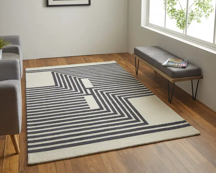 Gray Ivory And Black Wool Abstract Tufted Handmade Area Rug Photo 8