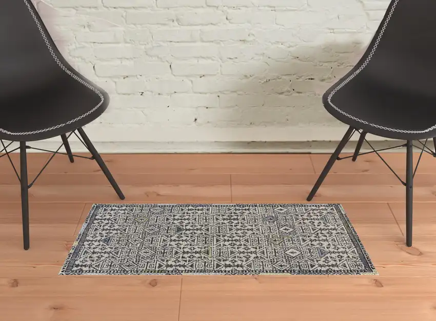 Gray Ivory And Black Wool Geometric Tufted Handmade Area Rug Photo 2