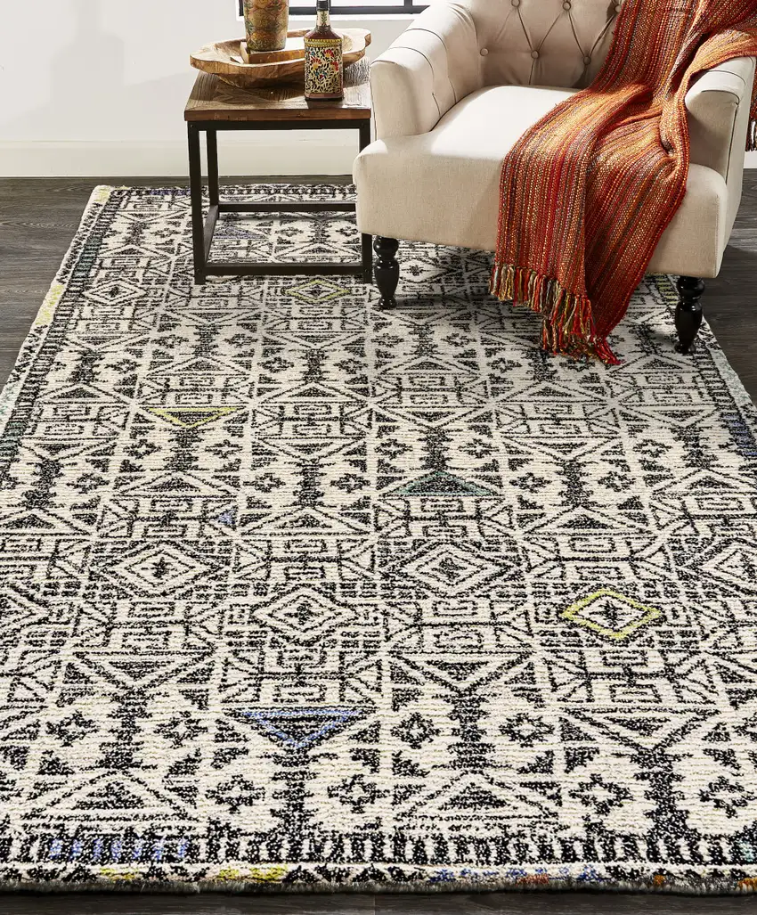Gray Ivory And Black Wool Geometric Tufted Handmade Area Rug Photo 6