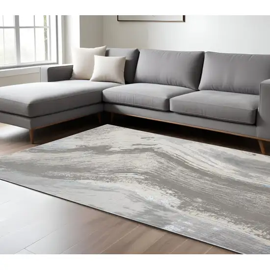 Gray Ivory and Blue Abstract Non Skid Area Rug Photo 2