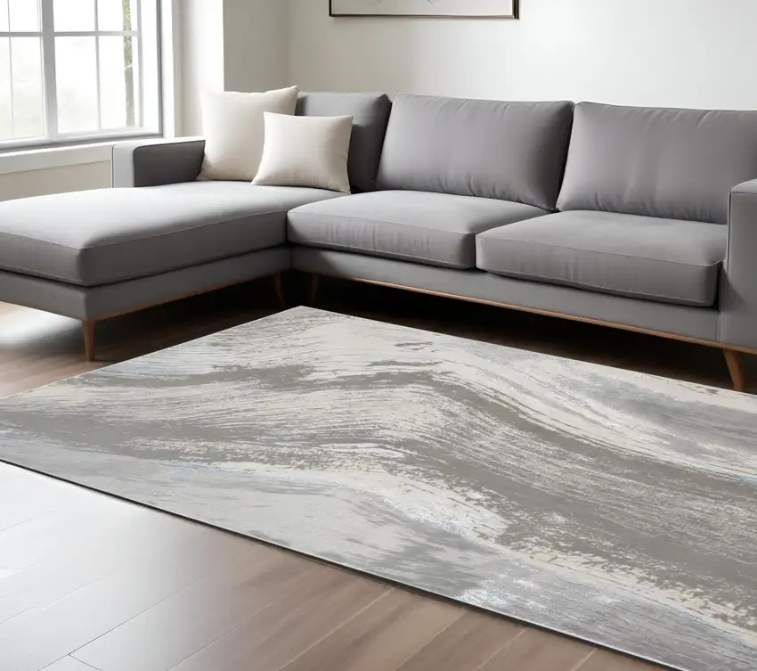 Gray Ivory and Blue Abstract Non Skid Area Rug Photo 2