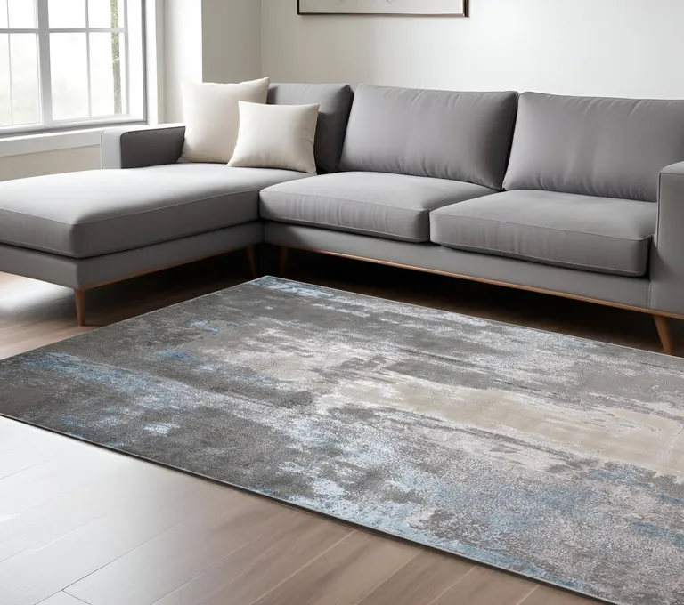 Gray Ivory And Blue Abstract Stain Resistant Area Rug Photo 1
