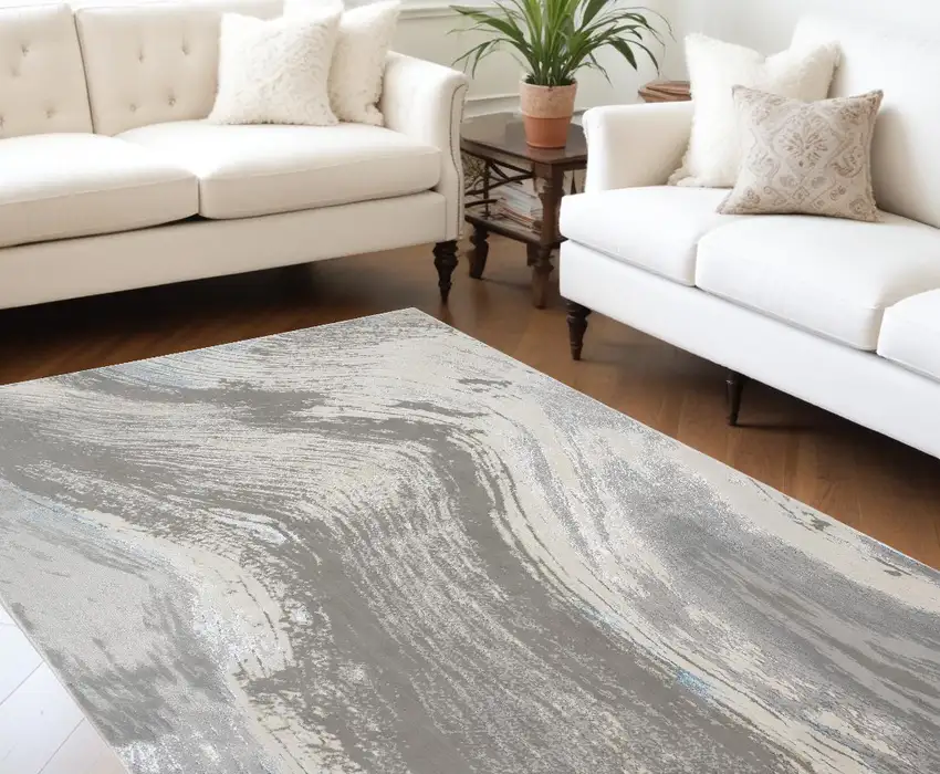 Gray Ivory And Blue Abstract Stain Resistant Area Rug Photo 1
