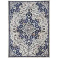Photo of Gray Ivory And Blue Floral Power Loom Distressed Stain Resistant Area Rug