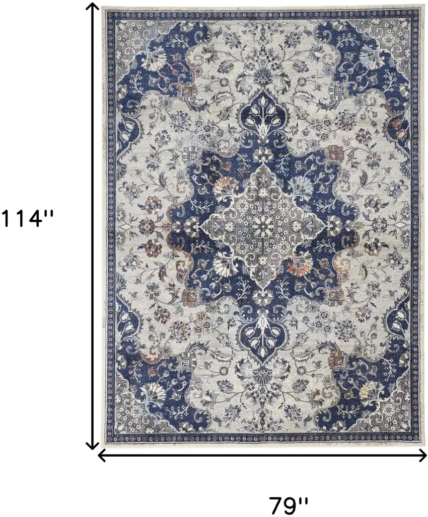 Gray Ivory And Blue Floral Power Loom Distressed Stain Resistant Area Rug Photo 10