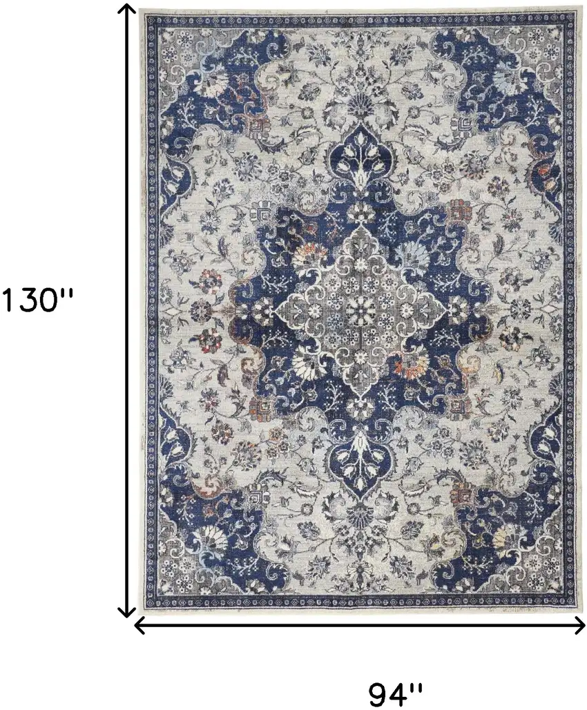 Gray Ivory And Blue Floral Power Loom Distressed Stain Resistant Area Rug Photo 8