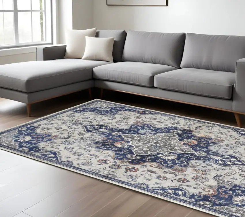 Blue and Ivory Floral Power Loom Distressed Non Skid Area Rug Photo 1