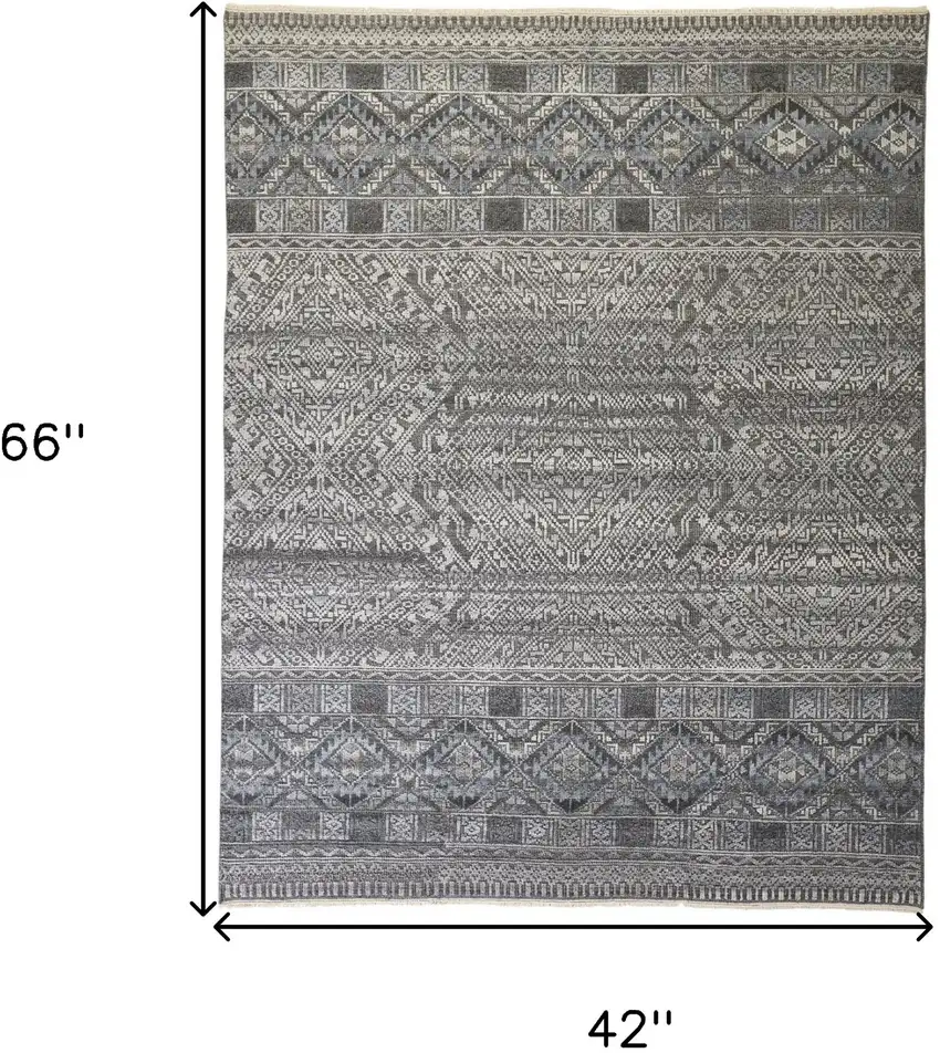 Gray Ivory And Blue Geometric Hand Knotted Area Rug Photo 9