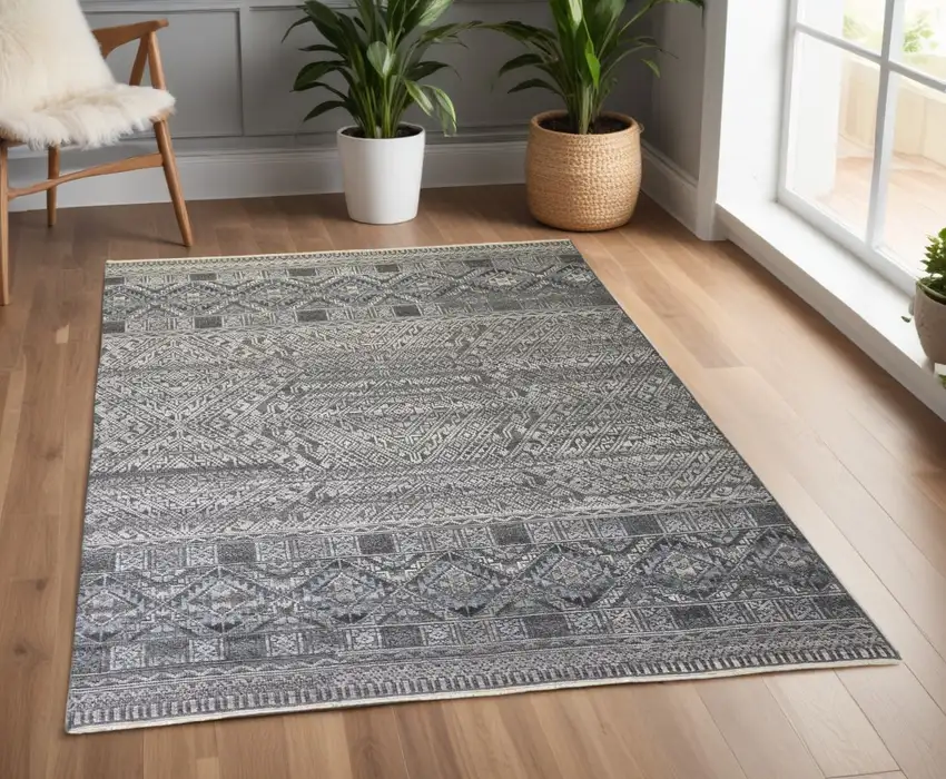 Gray and Ivory Geometric Hand Knotted Area Rug Photo 1