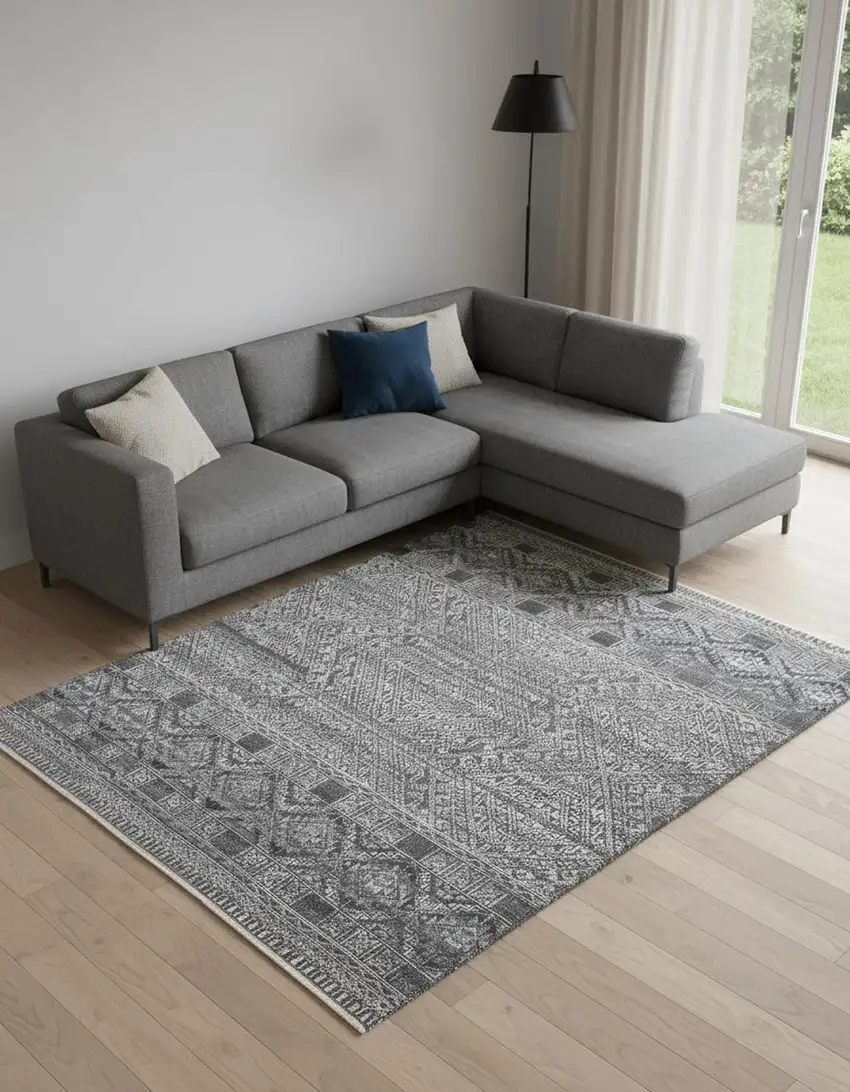Gray Ivory And Blue Geometric Hand Knotted Area Rug Photo 1