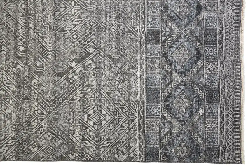 Gray Ivory And Blue Geometric Hand Knotted Area Rug Photo 6