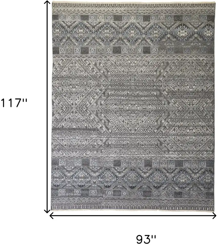 Gray Ivory And Blue Geometric Hand Knotted Area Rug Photo 8