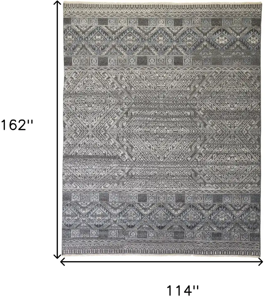 Gray Ivory And Blue Geometric Hand Knotted Area Rug Photo 9