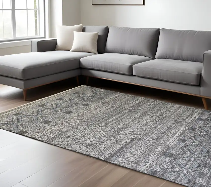 Gray and Ivory Geometric Hand Knotted Area Rug Photo 1