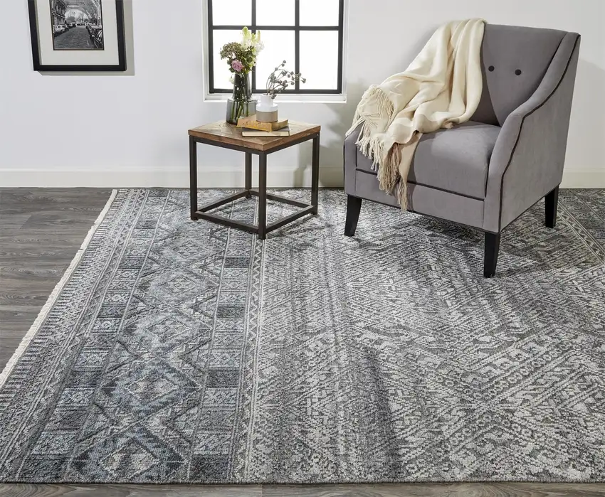 Gray Ivory And Blue Geometric Hand Knotted Area Rug Photo 8
