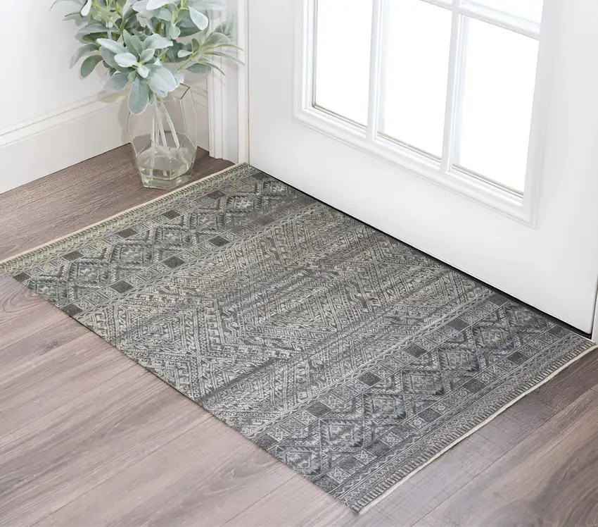Gray and Ivory Geometric Hand Knotted Area Rug Photo 1