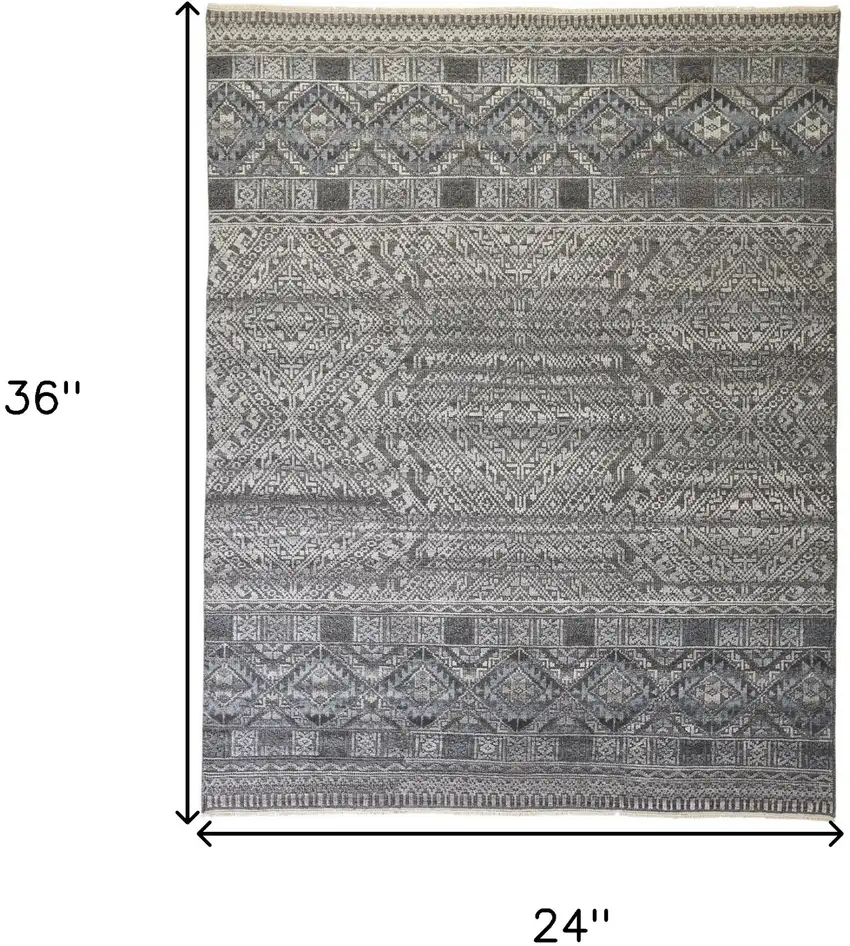 Gray Ivory And Blue Geometric Hand Knotted Area Rug Photo 4