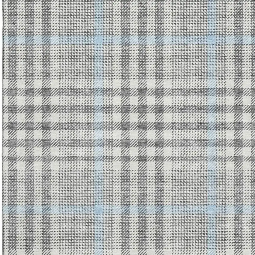 Gray Ivory And Blue Plaid Washable Area Rug With UV Protection Photo 2