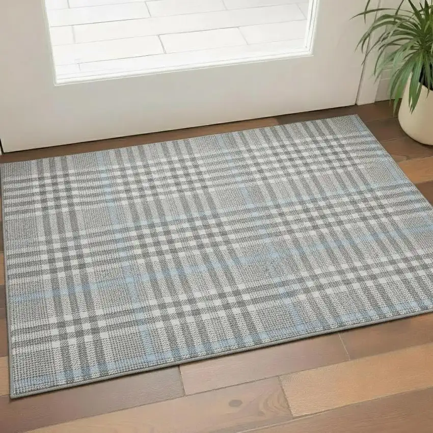 Gray Ivory And Blue Plaid Washable Area Rug With UV Protection Photo 2