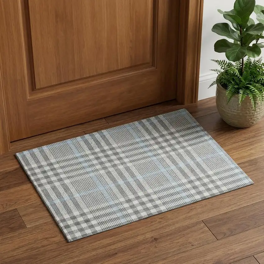 Gray Ivory And Blue Plaid Washable Area Rug With UV Protection Photo 1