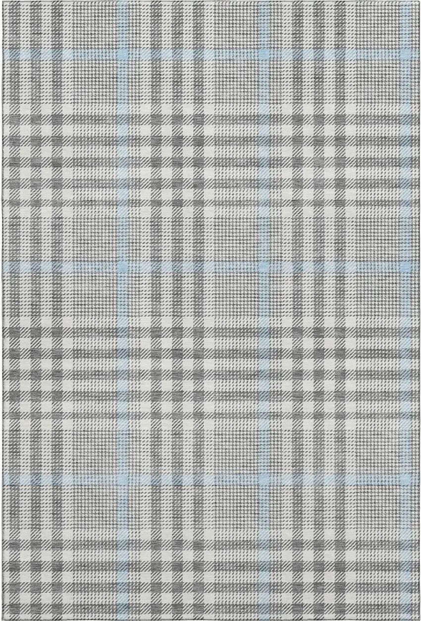 Gray Ivory And Blue Plaid Washable Area Rug With UV Protection Photo 1
