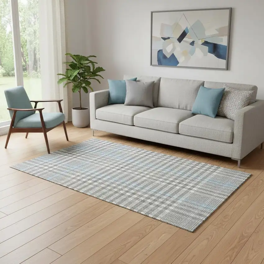 Gray Ivory And Blue Plaid Washable Area Rug With UV Protection Photo 2