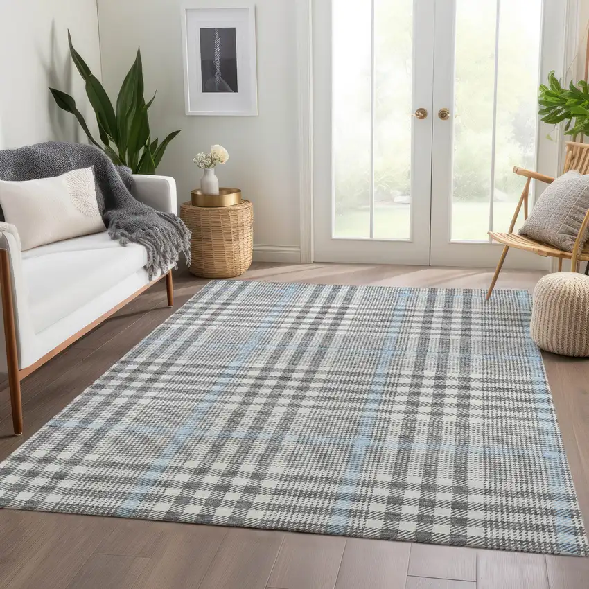 Gray Ivory And Blue Plaid Washable Area Rug With UV Protection Photo 5