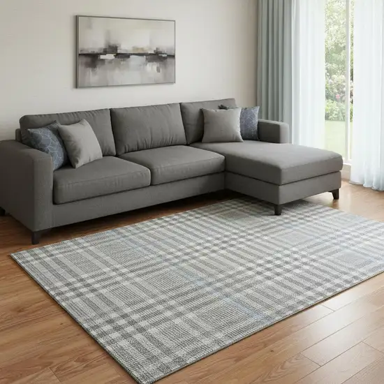 Gray Ivory And Blue Plaid Washable Area Rug With UV Protection Photo 2