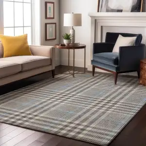 Photo of Gray Ivory And Blue Plaid Washable Area Rug With UV Protection